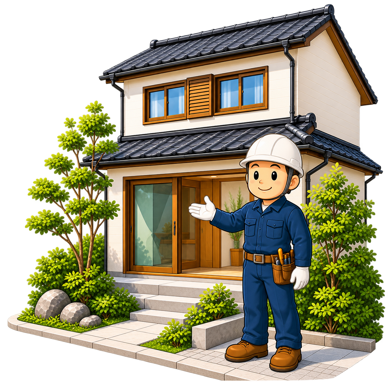 立体感のあるタッチで、改修した住まいの前から相談を案内する職人